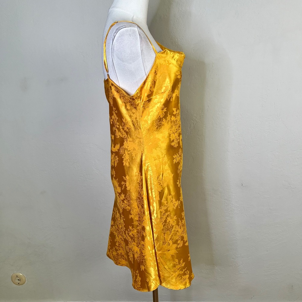 Lulus Mini Dress Size Large Yellow Floral Satin Jacquard Asymmetrical Shoulder - Picture 5 of 9